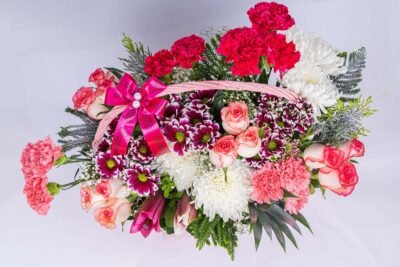 Basket Arrangements Flower Arrangement Of Revival Roses, Daisy, Carnation With Pink Basket