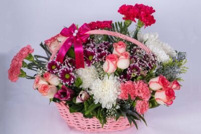 Basket Arrangements Flower Arrangement Of Revival Roses, Daisy, Carnation With Pink Basket