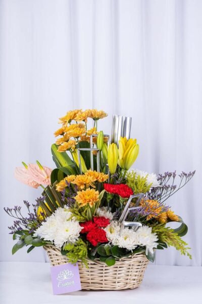 Basket Arrangements Flower Arrangement Of Yellow Daisy, Yellow Lilly, White Daisy, With Basket
