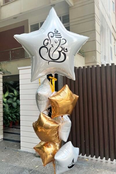 Balloon Arrangements Balloon Bunch Of Golden & White Stars With Ganesh ji Printing