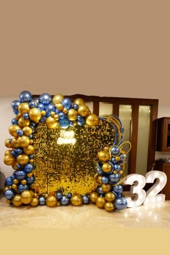 Balloon Arrangements Balloon Structure Of Golden & Blue Latex With Number “32” & Happy Birthday LED