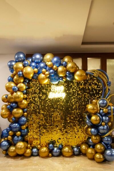 Balloon Arrangements Balloon Structure Of Golden & Blue Latex With Number “32” & Happy Birthday LED