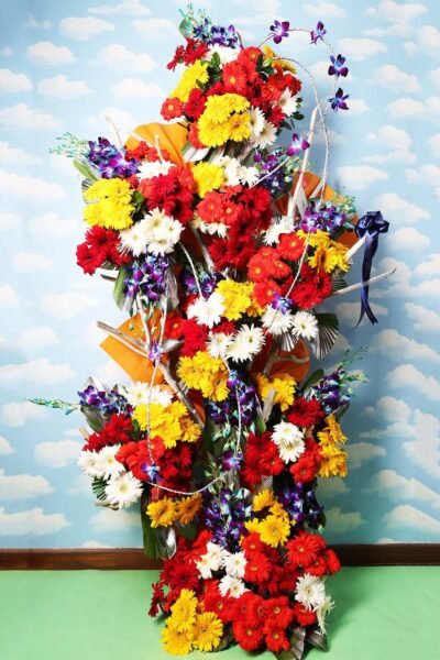Fresh Flowers Wooden  Arrangement Flower of Red, White, Yellow  Color Gerbera With Purple Orchids