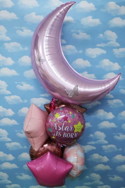 Balloon Arrangements Balloon Bunch Of Rounds & Star  For Baby Girl with Pastel Pink Moon