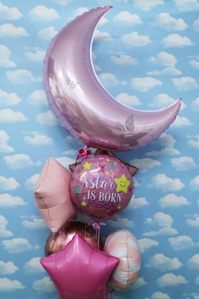 Balloon Arrangements Balloon Bunch Of Rounds & Star  For Baby Girl with Pastel Pink Moon