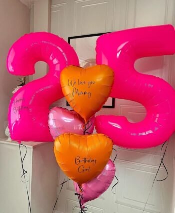 Balloon Arrangements Balloon Bunch Of Number 25 In Hot Pink With Costomized Orange & Bubble Gum Hearts