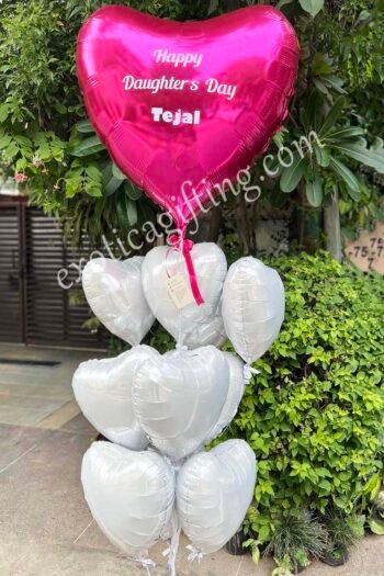 Balloon Arrangements Balloon Bunch Of White Hearts With Customized  Magenta Big Heart For Doughter’s Day
