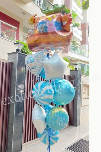 Balloon Arrangements Balloon Bunch Of White Star & Pastel Blue Globe With Noah’s Ark Welcome Baby