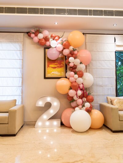 Balloon Arrangements Balloon Structure Of Pink, White, Rose Gold Latex Balloon With Number 2 LED