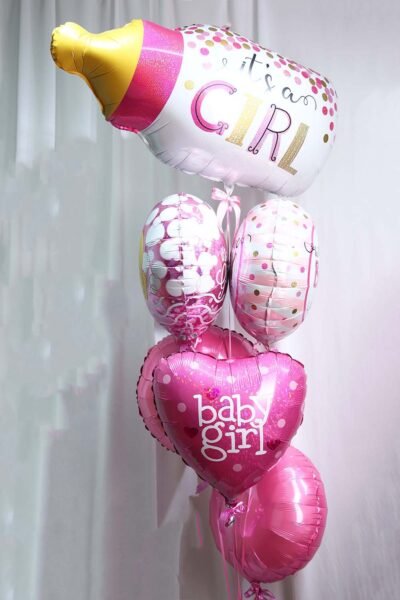 Balloon Arrangements Balloon Bunch of Heart & Round with Confetti Baby Bottle Girl