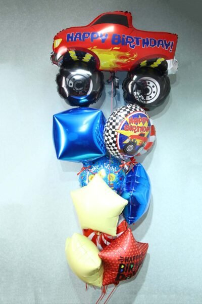 Balloon Arrangements Balloon Bunch Of Star, Cube, Round With Monster Truck Birthday