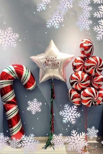 Balloon Arrangements Balloon Bunch Of Macaron Candy Cane With Silver Big Star With Red & White  Swirly