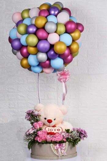 Basket Arrangements Flower Box Of Teddy & Flower With Multy Color Latex Balloon