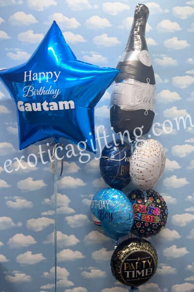 Balloon Arrangements Balloon Bunch of Blue Star & Bubbly Wine Bottle Black With Round Balloons