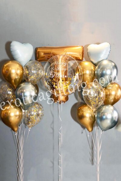 Balloon Arrangements Balloon Bunch of Gold & White With Golden “T”