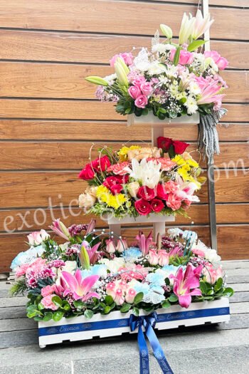 Fresh Flowers Wooden  Arrangement of Multiple exotic Flowers