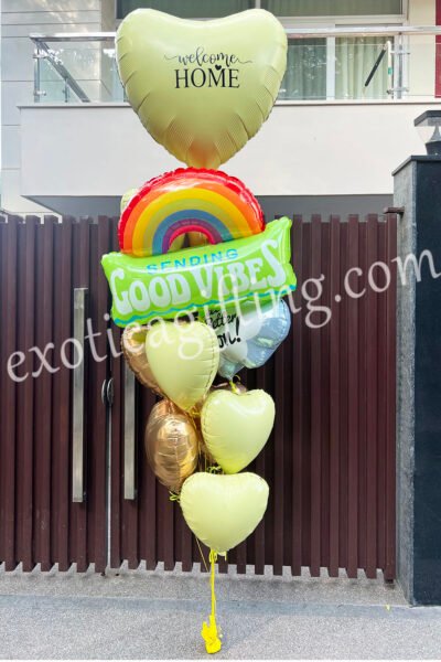 Balloon Arrangements Balloon Bunch Of Matte Yellow Heart Woth Rainbow & Hearts