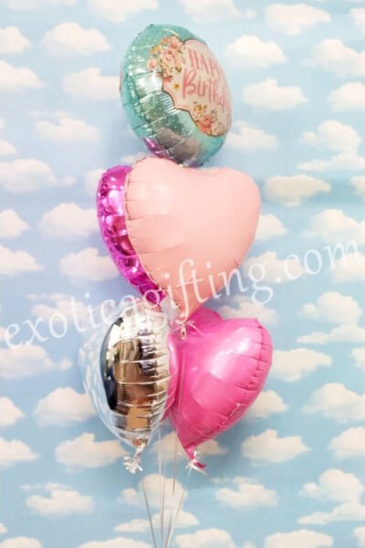 Balloon Arrangements Balloon Bunch of Vintage Birthday With Fuxia, Matte Pink, Silver & Bubble Gum Heart