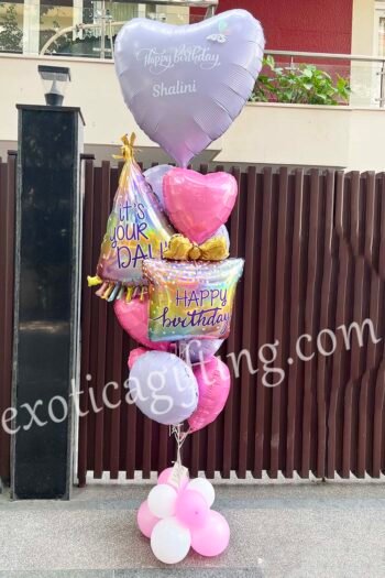 Balloon Arrangements Balloon Bunch of Matte Lilac Heart With Opal Birthday Hat & Bubble Gum Hearts