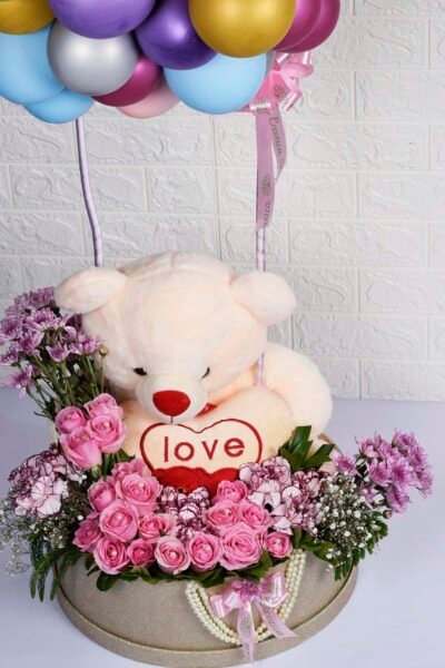 Basket Arrangements Flower Box Of Teddy & Flower With Multy Color Latex Balloon