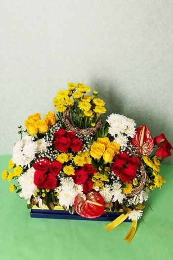 Box Arrangements Flower Box Of Red & Yellow Roses With Yellow, White Daisy