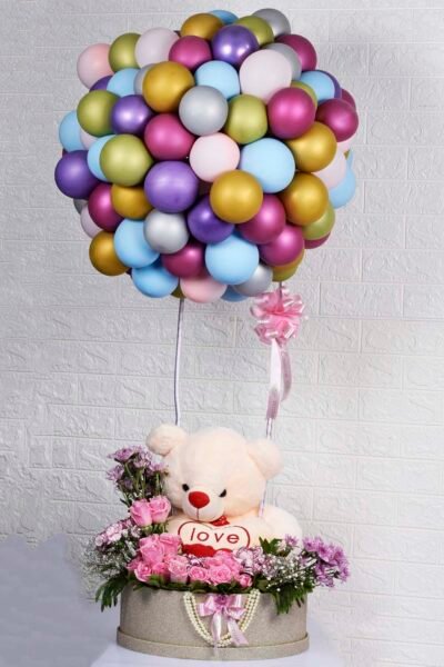 Basket Arrangements Flower Box Of Teddy & Flower With Multy Color Latex Balloon