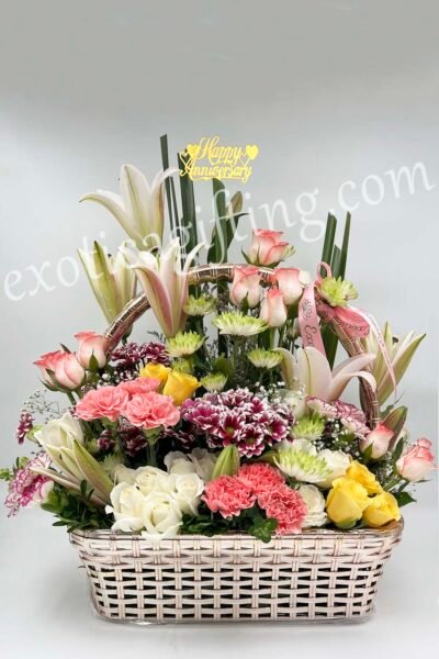 Basket Arrangements Basket of Lilies, Carnations & Roses With Happy Anniversary Tag