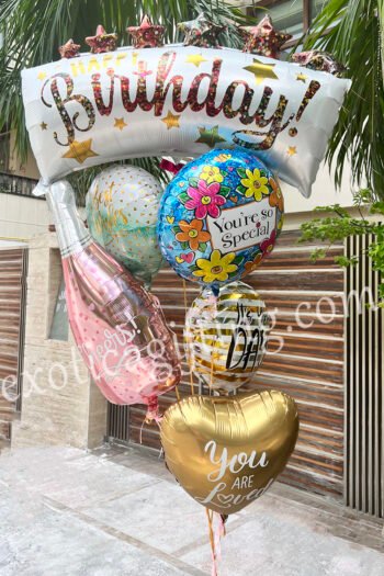 Balloon Arrangements Balloon Bunch Of HBD With Rose Bottle