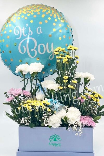 Box Arrangements Box Flower Arrangement of White Carnation & Lilac, Yellow Daisy With Baby Boy Balloon.