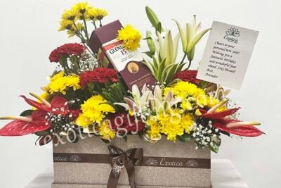 Box Arrangements Box Flower Arrangement of  Red Anthurium & Red Carnation With Yellow Daisy