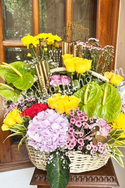 Basket Arrangements Basket Flower Of Hydrangea & Green Anthurium, Yellow Roses With Happy Birthday Tag