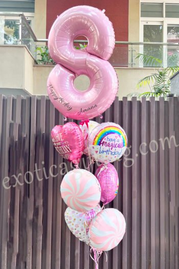 Balloon Arrangements Balloon Bunch Of Number “8” Pastel Pink With Rounds & Hearts