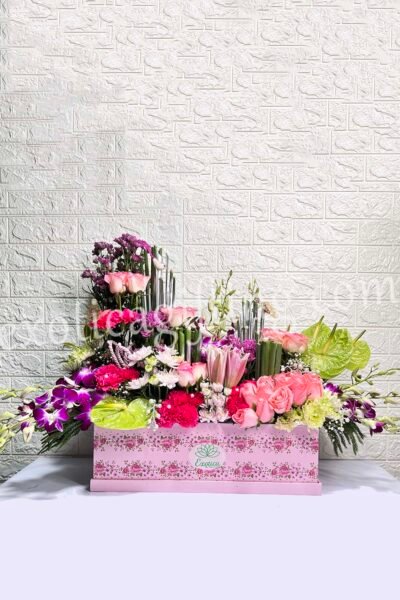 Box Arrangements Box Flower Arrangement of Light Pink Roses, Green Anthuirum With Purple Orchids.