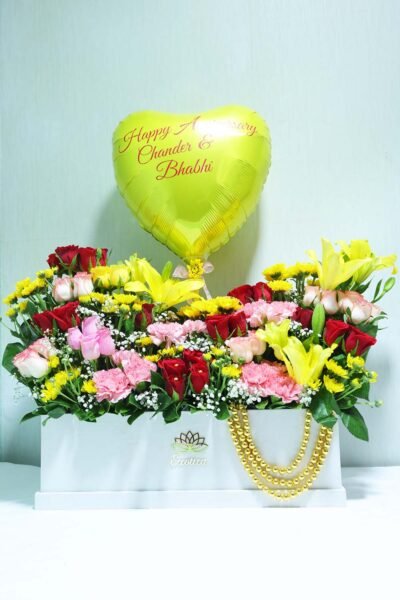 Box Arrangements Flower Box Of Red,Yellow,Pink Flower With Heart Balloon