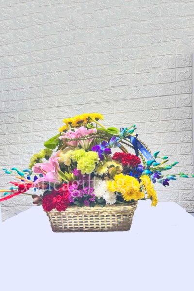 Basket Arrangements Basket of Yellow Daisy & Blue Orchids With Pink Flowers in Golden Basket.