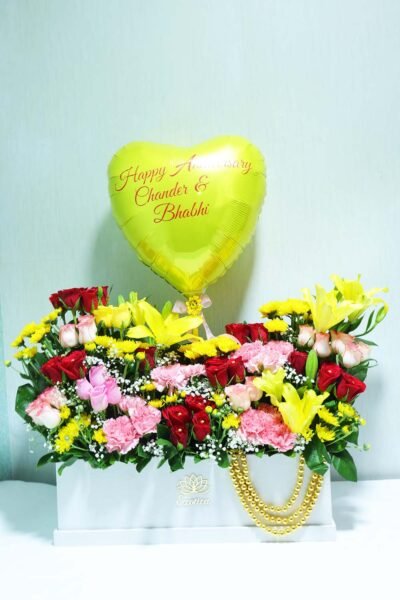 Box Arrangements Flower Box Of Red,Yellow,Pink Flower With Heart Balloon