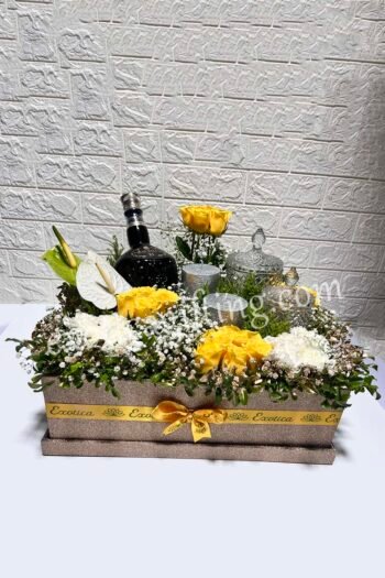 Box Arrangements Flower Arrangement of Yellow Roses & Carnations With Piller Candle & Drink