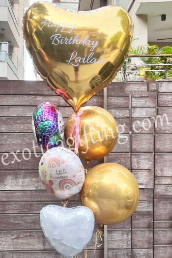 Balloon Arrangements Balloon Bunch Of Big Gold Heart With Gold Globes & Glitter Mermaid Birthday