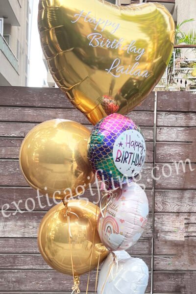 Balloon Arrangements Balloon Bunch Of Big Gold Heart With Gold Globes & Glitter Mermaid Birthday