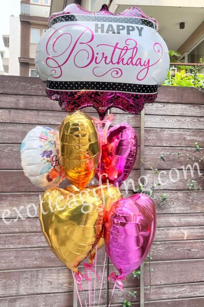 Balloon Arrangements Balloon Bunch Of Golden & Fuxia Hearts With Big Birthday