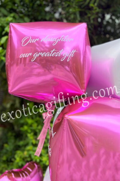 Balloon Arrangements Balloon Bunch Of Cube & Hearts In White, Fuxia
