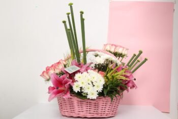 Diwali Flowers Pink Handle Basket