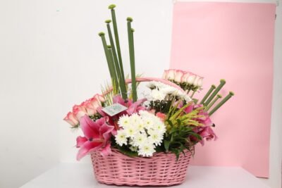 Diwali Flowers Pink Handle Basket