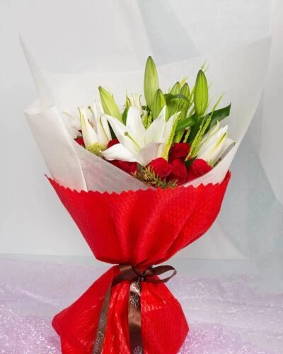 Diwali Flowers White Oriental Lily & 18 Red Roses