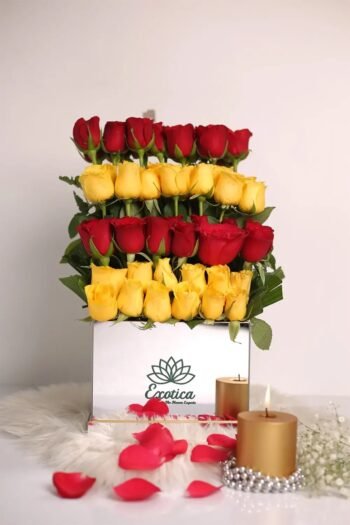 Diwali Flowers Mirror Box of 25 Yellow & 25 Red Roses