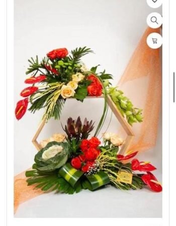 Diwali Flowers Hexagon Wooden Base of Roses, Anthuriums, Cymbidium & Daisy